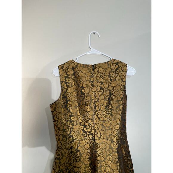 Chetta B Gold Floral Brocade Fit and Flare Beaded High Neck Dress - Picture 6 of 11